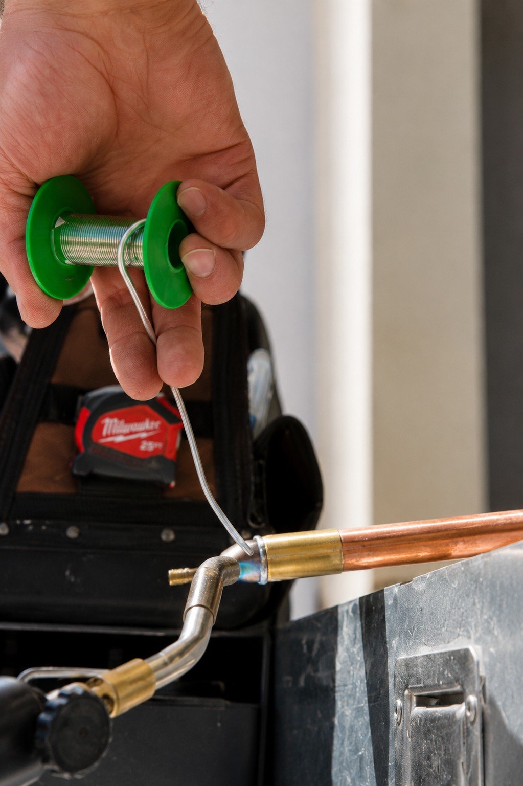 Plumber soldering copper pipe during plumbing installation