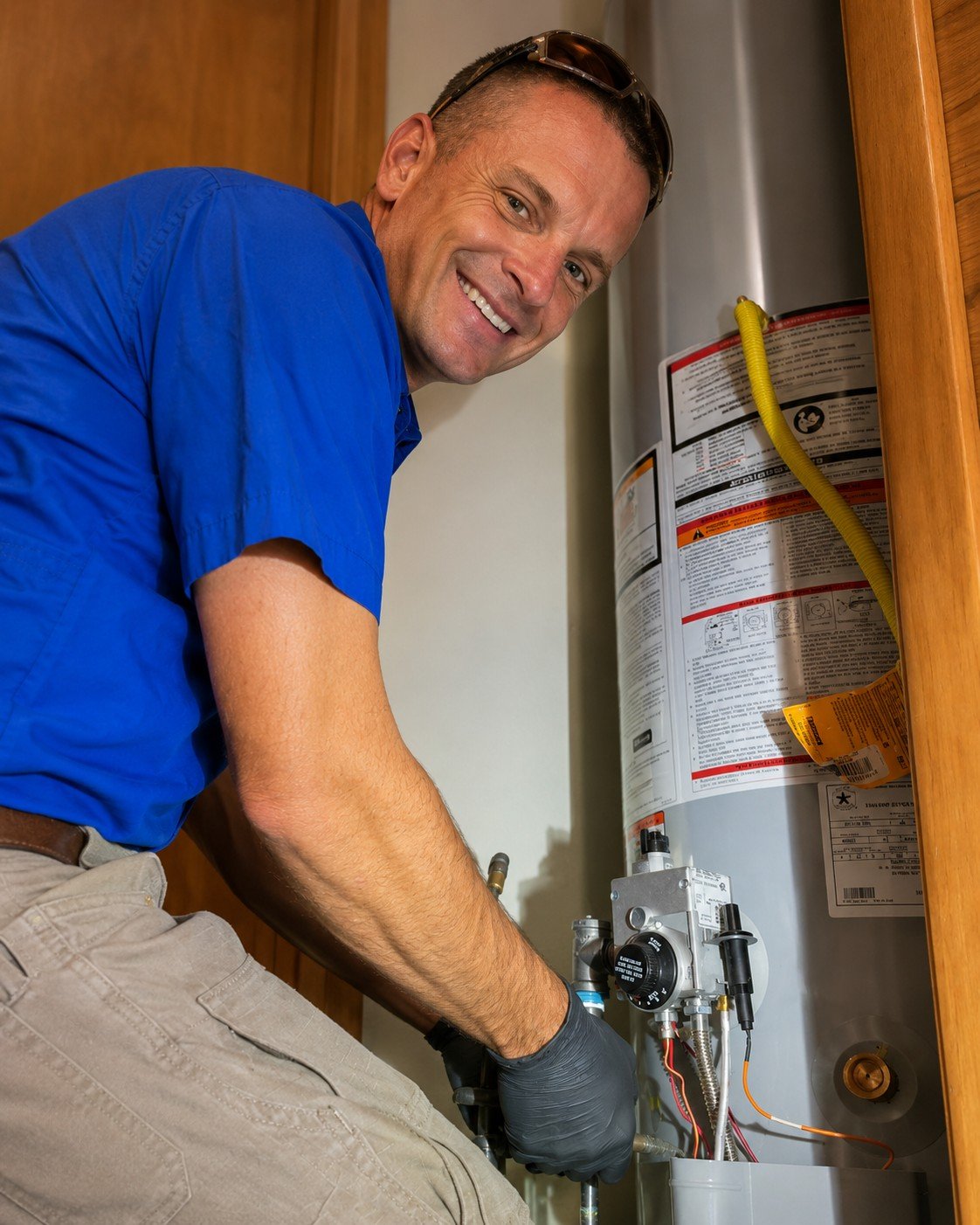 Bear Hug Plumbing technician servicing residential water heater in Flagstaff