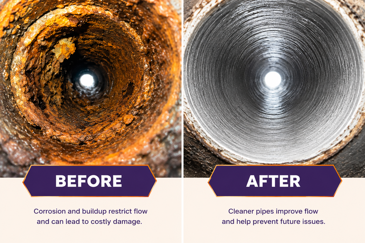 Before and after sewer pipe cleaning showing restored pipe interior condition