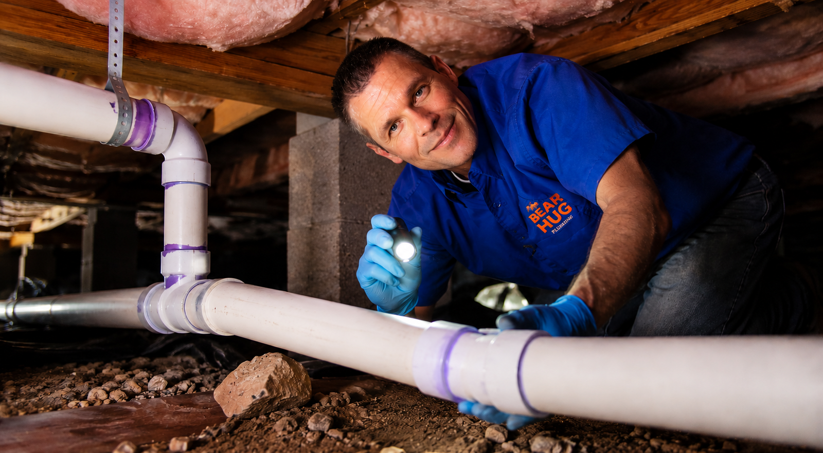 Bear Hug Plumbing technician working in crawlspace