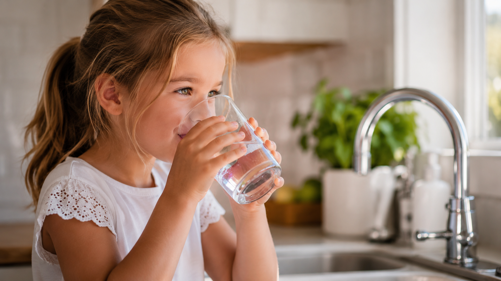 Child drinking clean filtered water at home