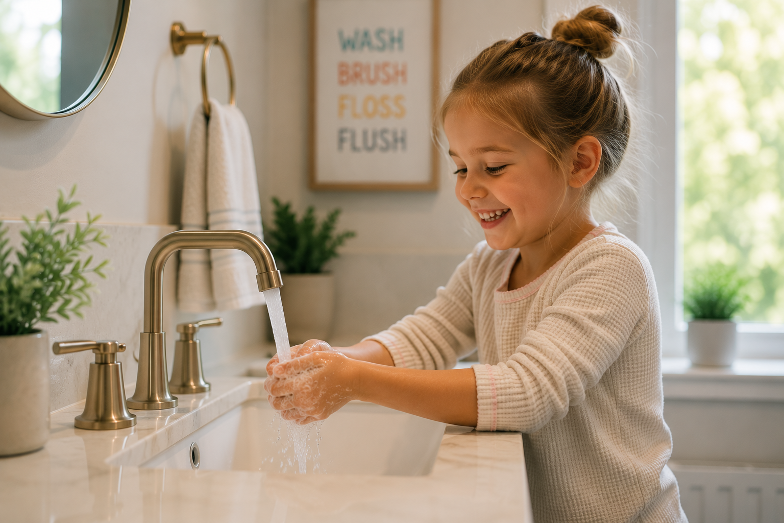 Child washing hands with clean water at kitchen sink