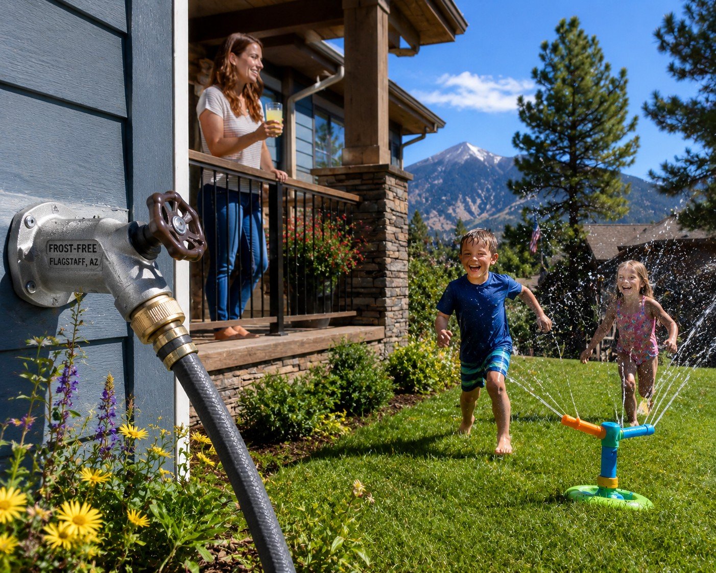 Mother watching her children in outside in sprinkler.