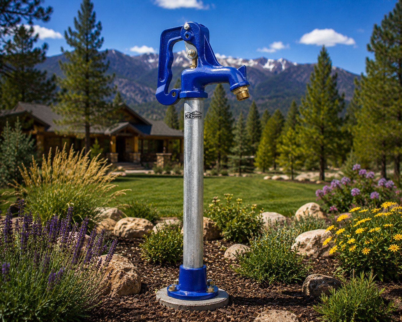 Outdoor yard hydrant installation in mountain landscape