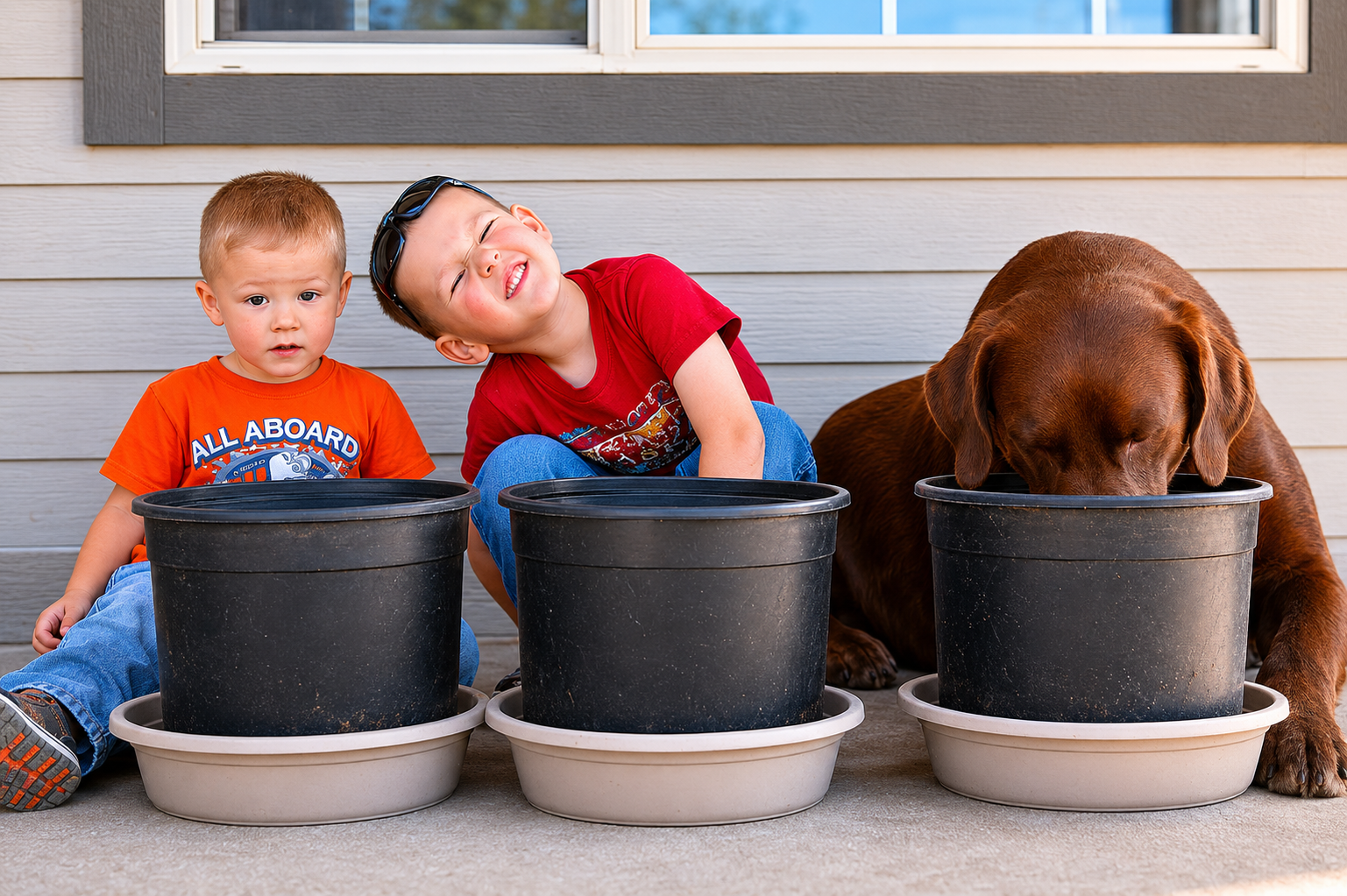 Two young boys sitting beside Bear the chocolate Labrador with flower pots on a porch in Flagstaff Arizona, inspiration behind Bear Hug Plumbing.