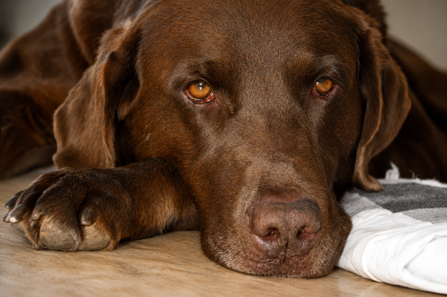 Bear the Inspiration Behind Bear Hug Plumbing Close-up portrait of Bear the chocolate Labrador who inspired Bear Hug Plumbing in Flagstaff Arizona.