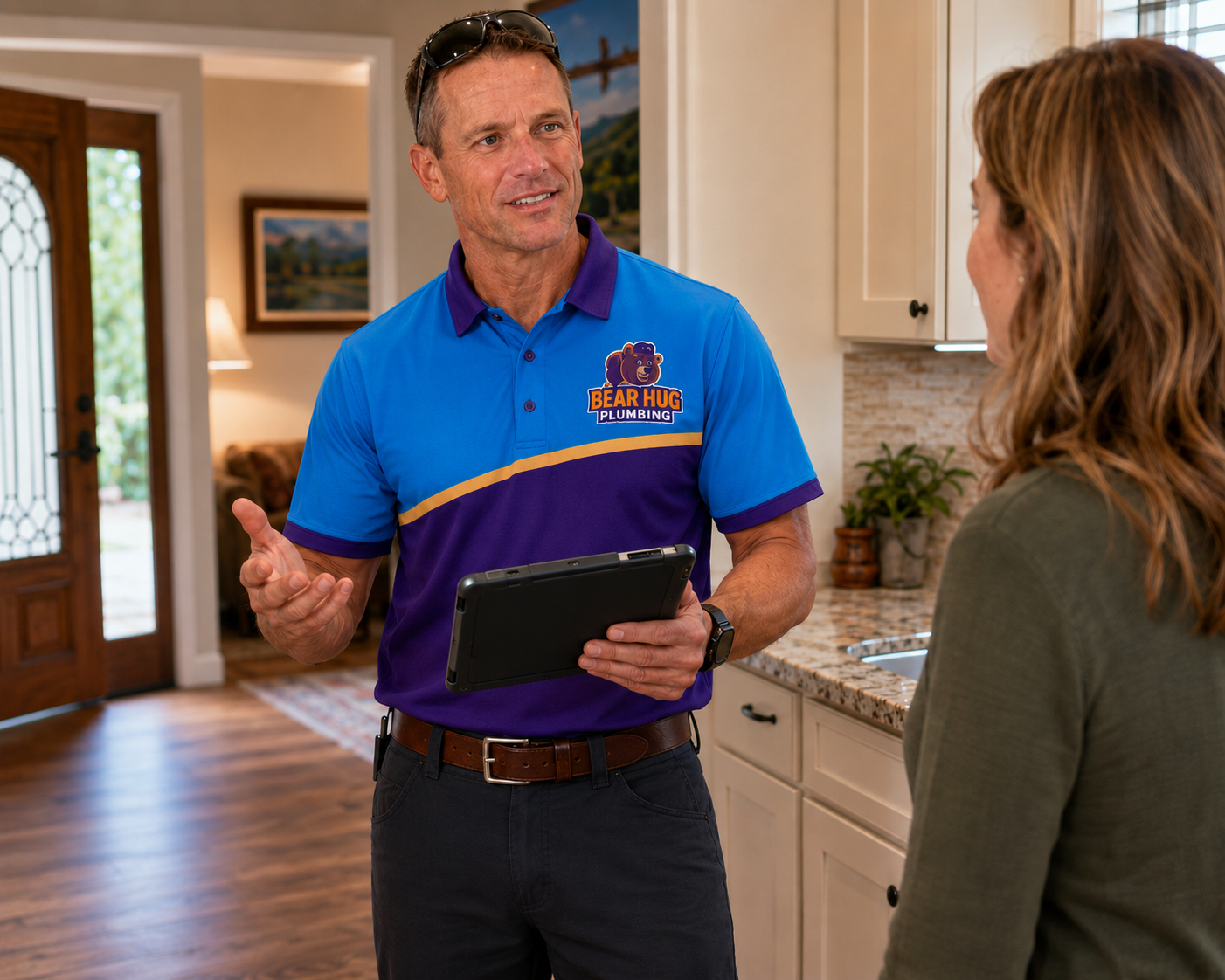 Bear Hug Plumbing Technician Explaining Repair Options in Flagstaff Bear Hug Plumbing technician explaining plumbing repair options to a homeowner in Flagstaff, Arizona.