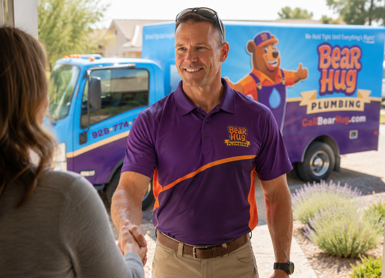 Friendly Flagstaff Plumber Greeting Homeowner | Bear Hug Plumbing Bear Hug Plumbing technician greeting a homeowner at the front door with a Bear Hug Plumbing service truck in the background in Flagstaff, Arizona.